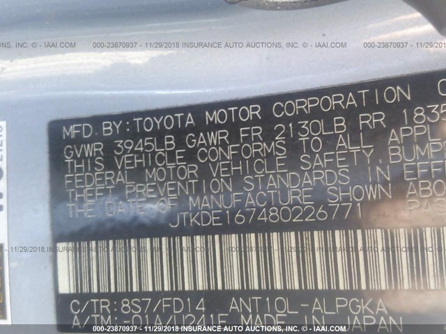 JTKDE167480226771 - 2008 TOYOTA SCION TC 浅蓝色 照片 9