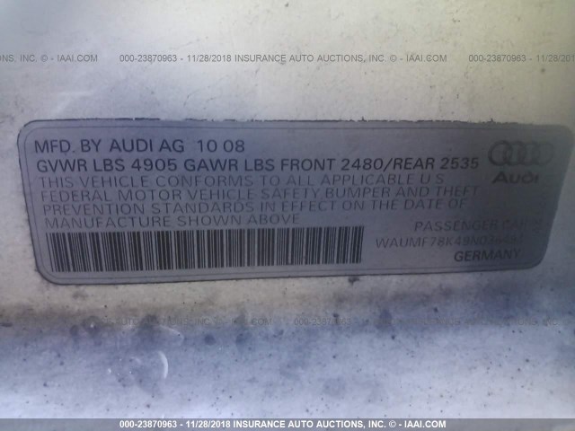 WAUMF78K49N036494 - 2009 AUDI A4 PRESTIGE WHITE photo 9