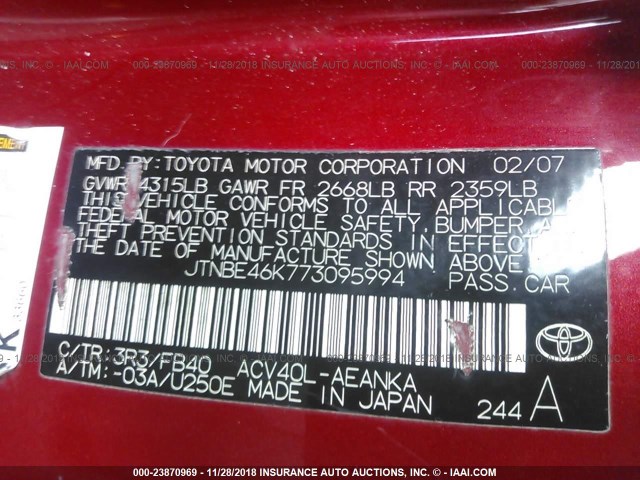 JTNBE46K773095994 - 2007 TOYOTA CAMRY NEW GENERAT CE/LE/XLE/SE RED photo 9