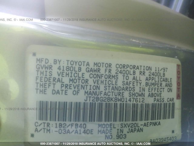 JT2BG28K8W0147612 - 1998 TOYOTA CAMRY LE/XLE GRAY photo 9