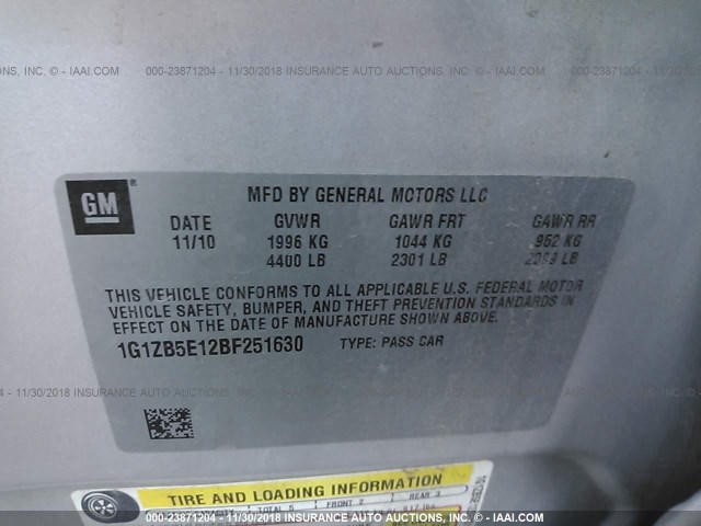 1G1ZB5E12BF251630 - 2011 CHEVROLET MALIBU LS ვერცხლისფერი ფოტო 9