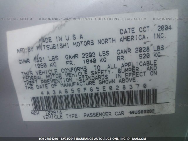 4A3AB56F85E028370 - 2005 MITSUBISHI GALANT ES PREMIUM/LS PREMIUM SILVER photo 9