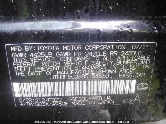 JTHBF5C28B5154560 - 2011 LEXUS IS 250 BLACK photo 9