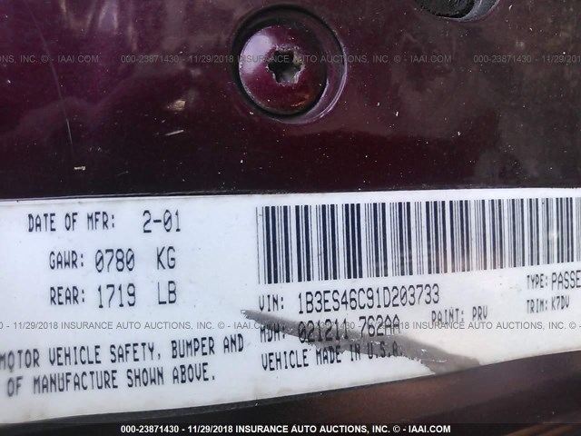 1B3ES46C91D203733 - 2001 DODGE NEON SE/ES MAROON photo 9