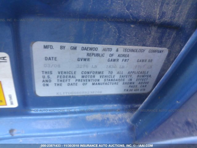 KL1TD66668B238166 - 2008 CHEVROLET AVEO LS BLUE photo 9