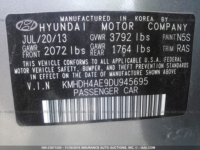 KMHDH4AE9DU945695 - 2013 HYUNDAI ELANTRA GLS/LIMITED GRAY photo 9