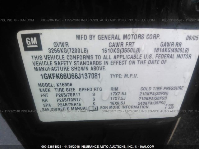 1GKFK66U66J137081 - 2006 GMC YUKON XL DENALI BLACK photo 9