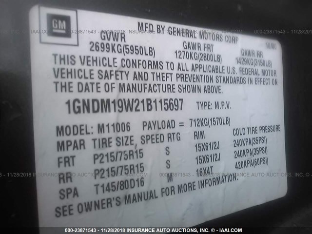 1GNDM19W21B115697 - 2001 CHEVROLET ASTRO GRAY photo 9