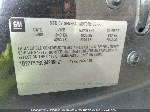 1G2ZF57B984289821 - 2008 PONTIAC G6 VALUE LEADER/BASE BLUE photo 9