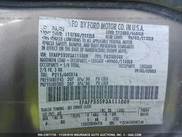 1FAFP55S93A111809 - 2003 FORD TAURUS SES TAN photo 9