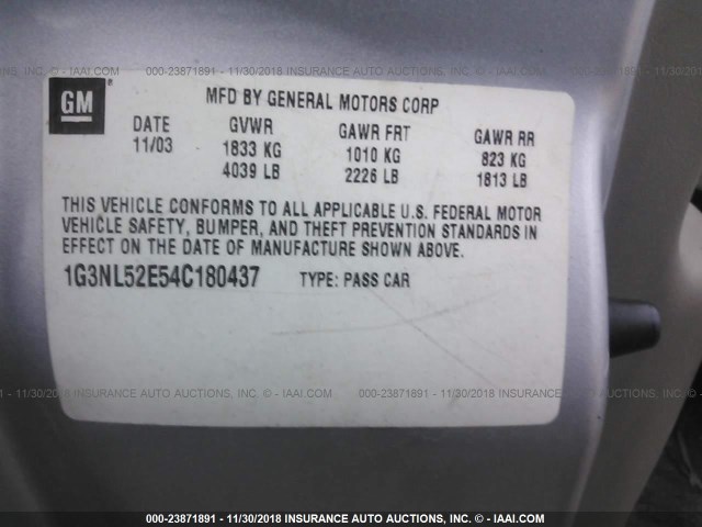 1G3NL52E54C180437 - 2004 OLDSMOBILE ALERO GL SILVER photo 9