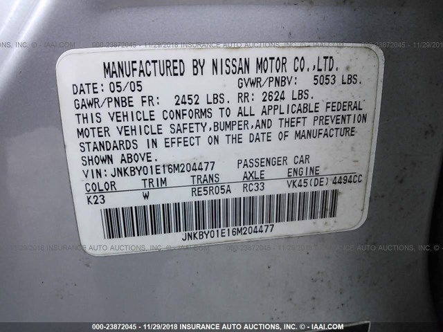 JNKBY01E16M204477 - 2006 INFINITI M45 SPORT SILVER photo 9