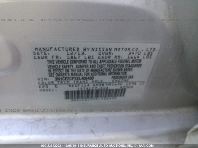 3N1CE2CPXEL406450 - 2014 NISSAN VERSA NOTE S/S PLUS/SV/SL SILVER photo 9