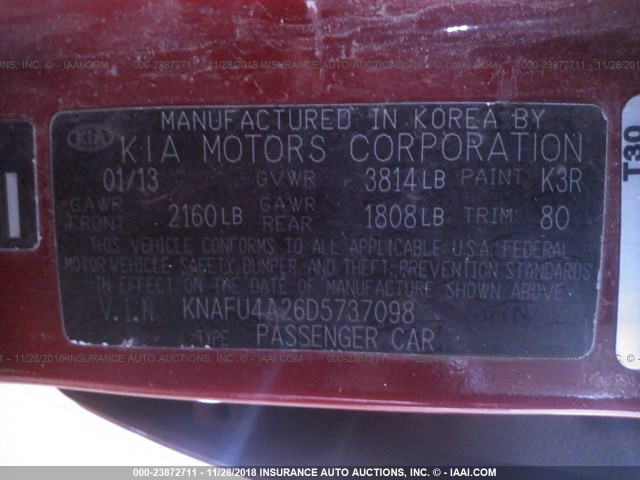 KNAFU4A26D5737098 - 2013 KIA FORTE EX RED photo 9