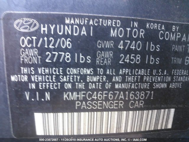 KMHFC46F67A163871 - 2007 HYUNDAI AZERA SE/LIMITED BLUE photo 9