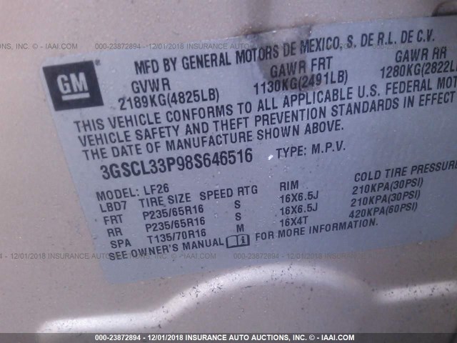 3GSCL33P98S646516 - 2008 SATURN VUE XE TAN photo 9