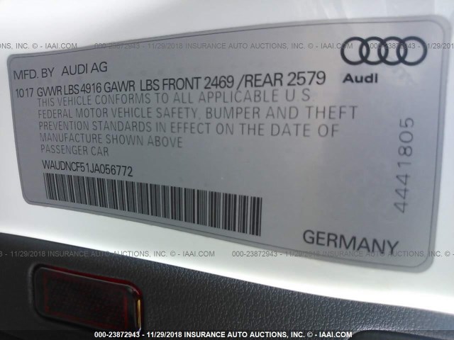 WAUDNCF51JA056772 - 2018 AUDI A5 PREMIUM S LINE WHITE photo 9