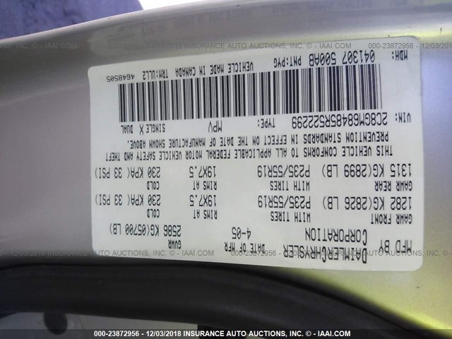 2C8GM68485R522299 - 2005 CHRYSLER PACIFICA TOURING SILVER photo 9