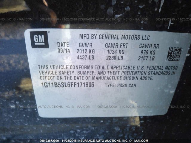 1G11B5SL6FF171806 - 2015 CHEVROLET MALIBU LS BLACK photo 9