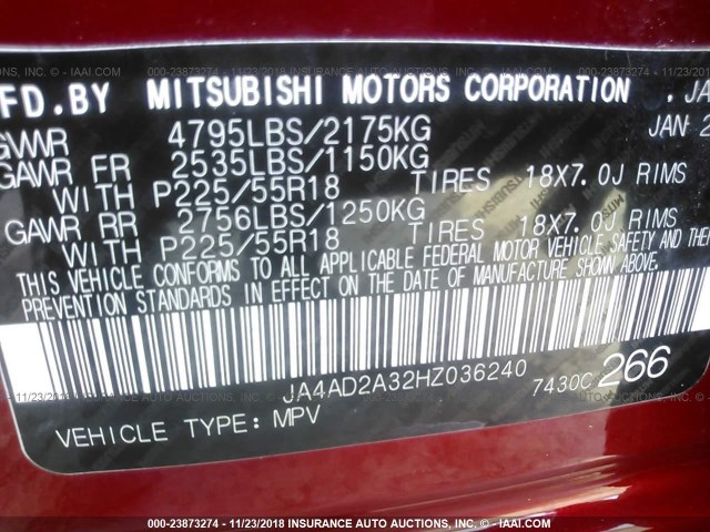 JA4AD2A32HZ036240 - 2017 MITSUBISHI OUTLANDER ES RED photo 9