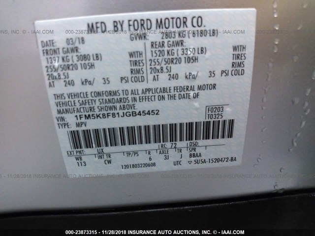 1FM5K8F81JGB45452 - 2018 FORD EXPLORER LIMITED SILVER photo 9