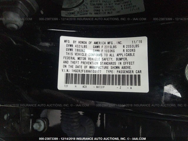 1HGCR2F5XHA100177 - 2017 HONDA ACCORD BLACK photo 9