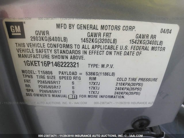 1GKET16P146222321 - 2004 GMC ENVOY XL SILVER photo 9