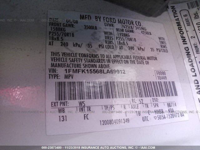 1FMFK15568LA69912 - 2008 FORD EXPEDITION EL XLT WHITE photo 9