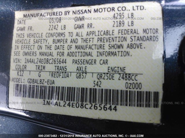 1N4AL24E08C265644 - 2008 NISSAN ALTIMA BLUE photo 9