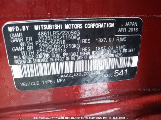 JA4AZ3A32JZ059434 - 2018 MITSUBISHI OUTLANDER SE/SEL RED photo 9