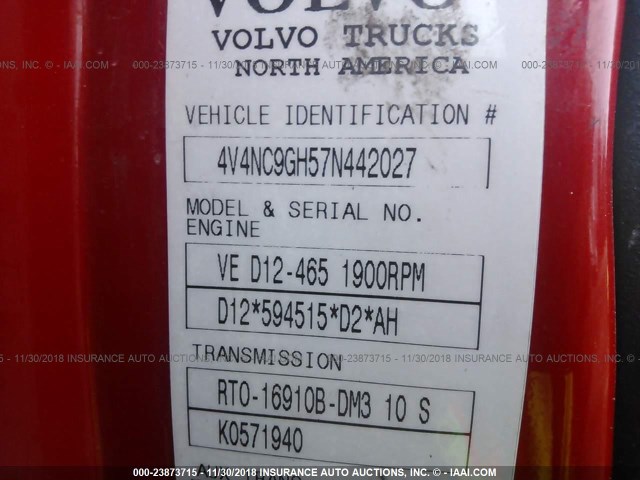 4V4NC9GH57N442027 - 2007 VOLVO VN RED photo 9