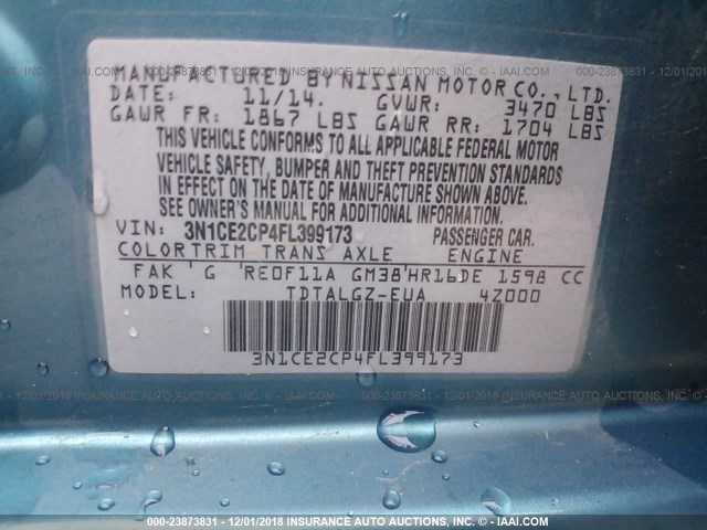 3N1CE2CP4FL399173 - 2015 NISSAN VERSA NOTE S/S PLUS/SV/SL/SR Light Blue photo 9