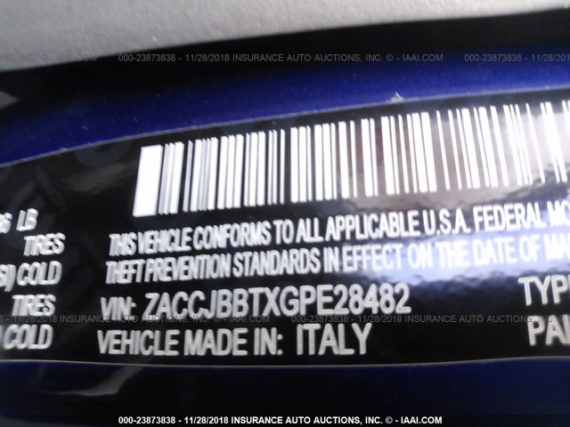 ZACCJBBTXGPE28482 - 2016 JEEP RENEGADE LATITUDE BLUE photo 9