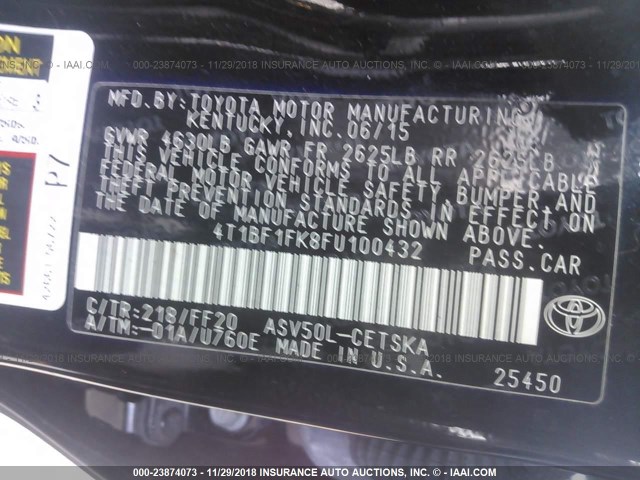 4T1BF1FK8FU100432 - 2015 TOYOTA CAMRY LE/XLE/SE/XSE BLACK photo 9