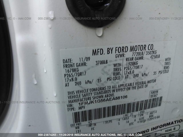 1FMJK1G56AEA88106 - 2010 FORD EXPEDITION EL XLT WHITE photo 9