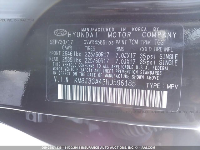 KM8J33A43HU596185 - 2017 HYUNDAI TUCSON LIMITED/SPORT AND ECO/SE BLACK photo 9