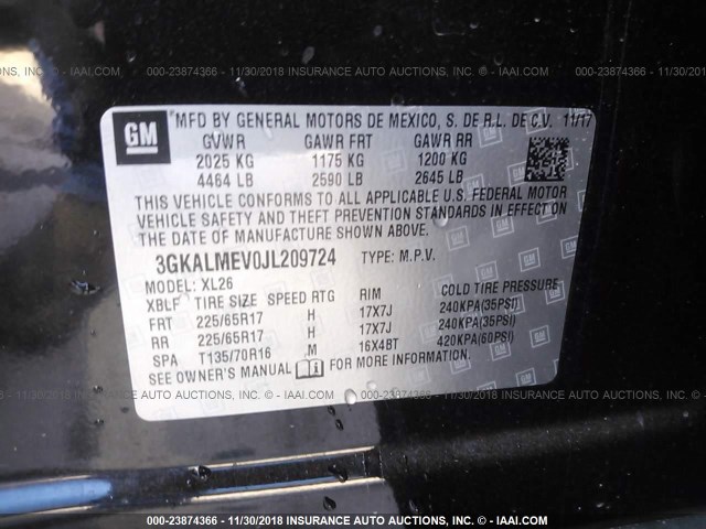 3GKALMEV0JL209724 - 2018 GMC TERRAIN SLE BLACK photo 9