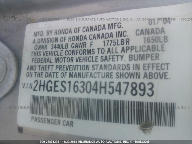 2HGES16304H547893 - 2004 HONDA CIVIC DX VP Gümüş foto 9