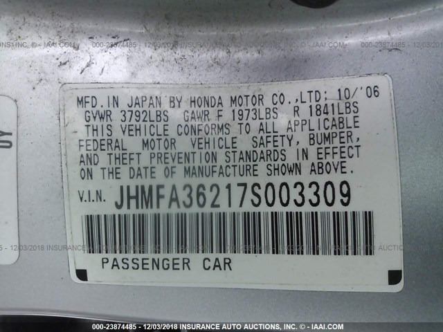 JHMFA36217S003309 - 2007 HONDA CIVIC HYBRID SILVER photo 9