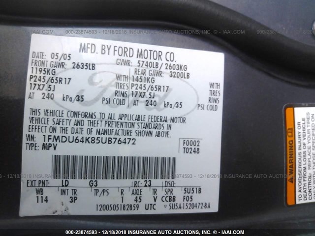 1FMDU64K85UB76472 - 2005 FORD EXPLORER EDDIE BAUER BLUE photo 9