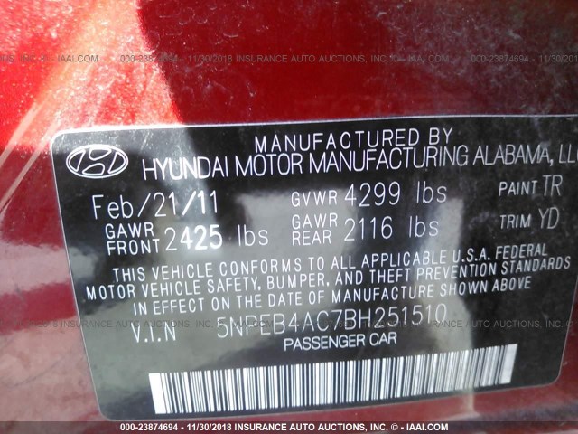 5NPEB4AC7BH251510 - 2011 HYUNDAI SONATA GLS RED photo 9