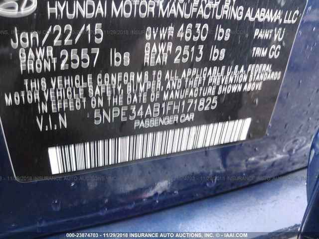 5NPE34AB1FH171825 - 2015 HYUNDAI SONATA SPORT/LIMITED BLUE photo 9