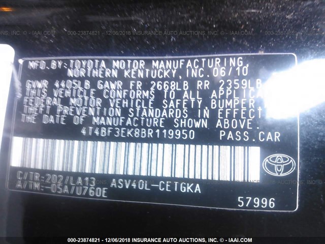 4T4BF3EK8BR119950 - 2011 TOYOTA CAMRY SE/LE/XLE 黑色 照片 9