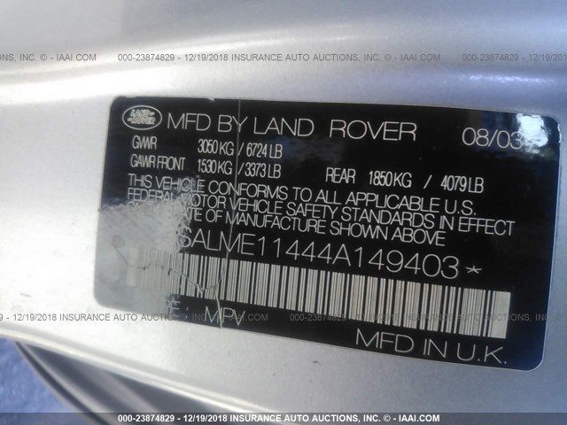 SALME11444A149403 - 2004 LAND ROVER RANGE ROVER HSE SILVER photo 9