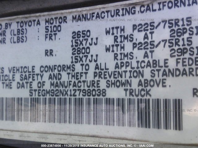 5TEGM92NX1Z798038 - 2001 TOYOTA TACOMA DOUBLE CAB PRERUNNER BLACK photo 9