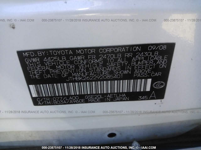 JTHBK262292085401 - 2009 LEXUS IS 250 WHITE photo 9