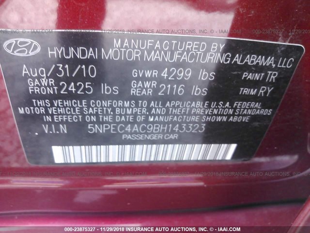 5NPEC4AC9BH143323 - 2011 HYUNDAI SONATA SE/LIMITED RED photo 9