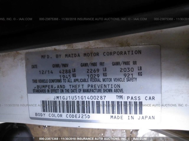 JM1GJ1U51G1400287 - 2016 MAZDA 6 SPORT 白色 照片 9