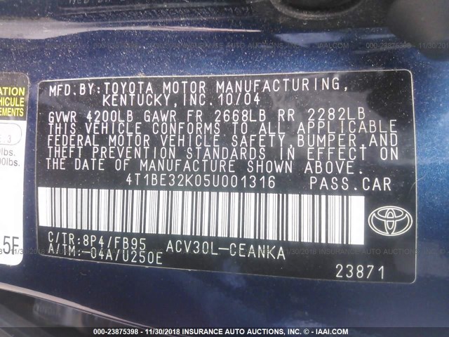 4T1BE32K05U001316 - 2005 TOYOTA CAMRY LE/XLE/SE BLUE photo 9