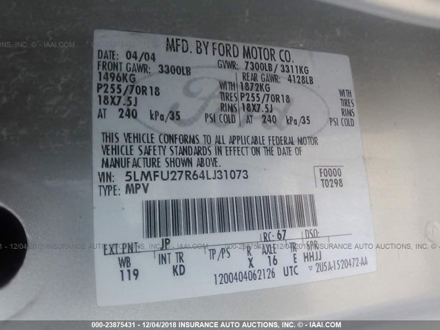 5LMFU27R64LJ31073 - 2004 LINCOLN NAVIGATOR 银色 照片 9